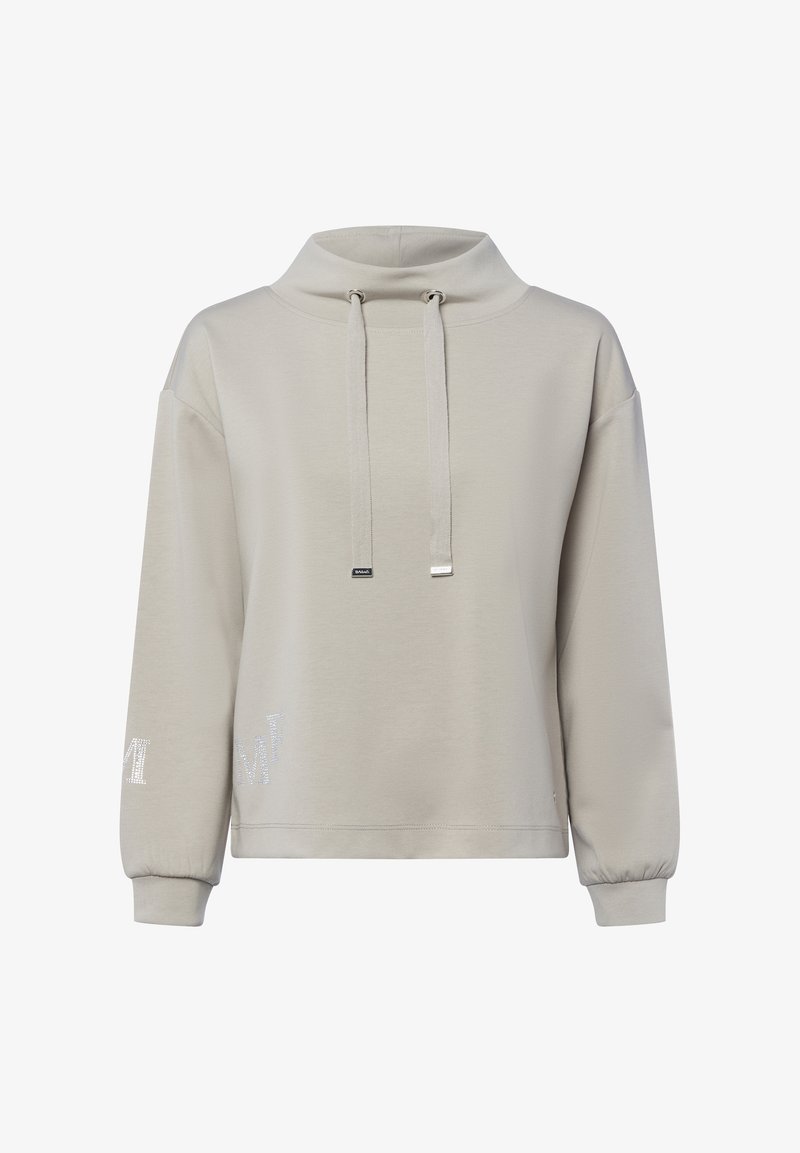 Lichtgrijze sweatshirt met een hoge kraag, trekkoorden en ribgebreide manchetten. Bevat subtiele logo-detail in zilver op de linkermouw. Glad textuur.