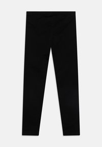 Leggings noirs fabriqués en tissu en coton extensible, présentant un design simple avec une taille élastique et sans coutures visibles.