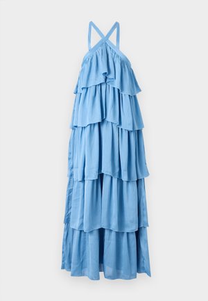 Blue tiered dress made of lightweight fabric. Features ruffled layers and thin crisscross straps. Smooth texture with a flowing silhouette.