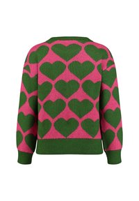 Maglione lavorato a maglia verde e rosa con grandi cuori verdi ripetuti su uno sfondo rosa, polsini e orlo a coste.