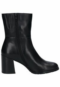 Botte en cuir noire jusqu'au milieu du mollet avec fermeture éclair latérale, bout arrondi et talon bloc épais.