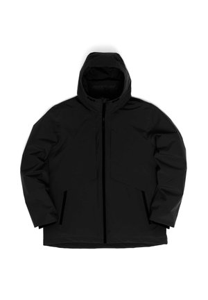 Schwarze isolierte Jacke mit Kapuze, die einen Reißverschluss vorne, große flache Taschen und eine glatte, matte Oberfläche aufweist. Einfaches Design ohne sichtbare Logos.
