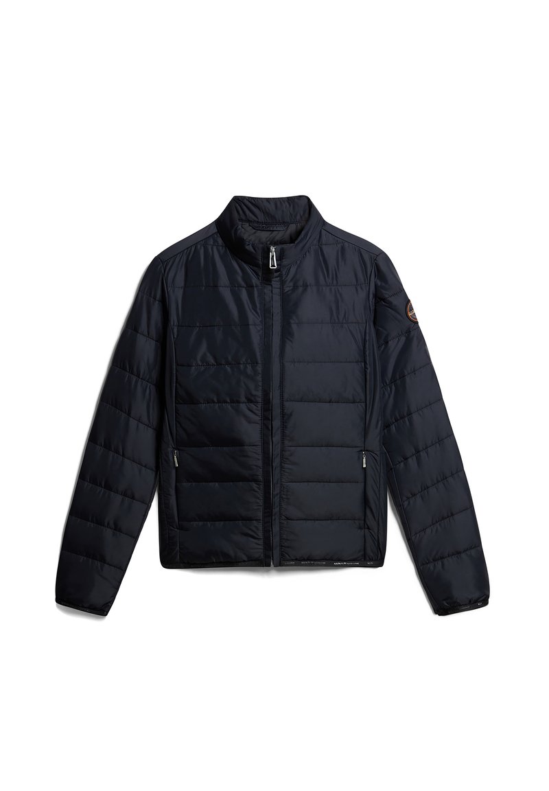 Granatowa puchowa kurtka z stojącym kołnierzem, poziomym przeszyciem, zapięciem na zamek błyskawiczny z przodu i dwiema bocznymi kieszeniami. Gładka tekstura materiału.