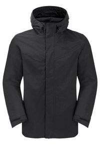 Zwarte waterdichte jas met een capuchon, ritssluiting aan de voorkant, verstelbare manchetten en twee borstzakken. Glad textuur en minimalistisch ontwerp.