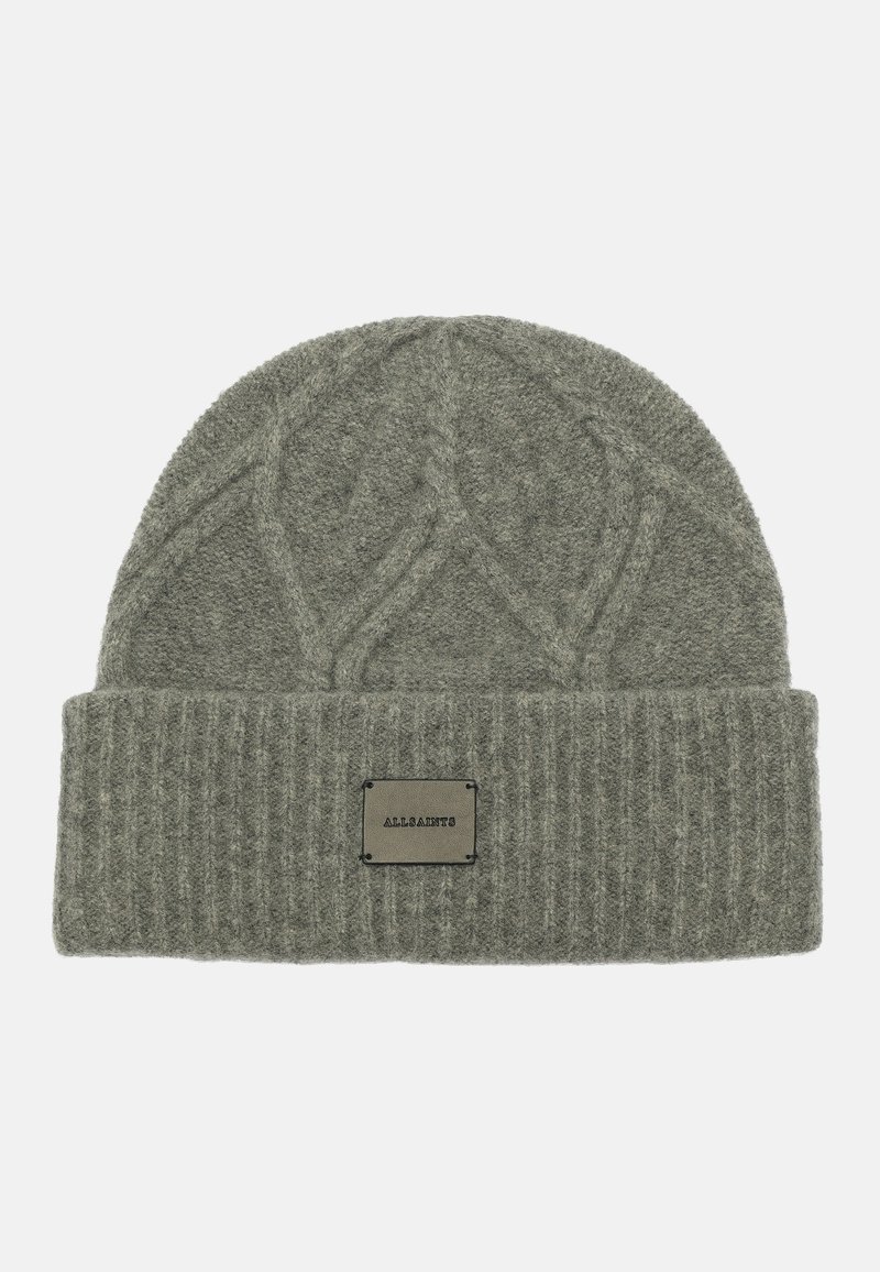 AllSaints Soft Brushed Wool Marl Knit Beanie Leather Logo Patch Brand New! Gray ALL SAINTS Travelling Rib Cuff Beanie Hat Logo Patch Mens  main image 2