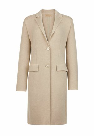 Beżowy płaszcz z mieszanki wełny z kołnierzem klapowym, zapięciem na jeden guzik i dwoma przednimi kieszeniami. Elegancki, strukturalny krój z długimi rękawami.