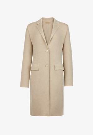 Beżowy płaszcz z mieszanki wełny z kołnierzem klapowym, zapięciem na jeden guzik i dwoma przednimi kieszeniami. Elegancki, strukturalny krój z długimi rękawami.