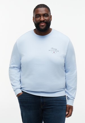 Mann mit Bart, der ein hellblaues Tommy Hilfiger Sweatshirt und dunkle Jeans trägt, mit den Händen in den Taschen vor weißem Hintergrund steht.