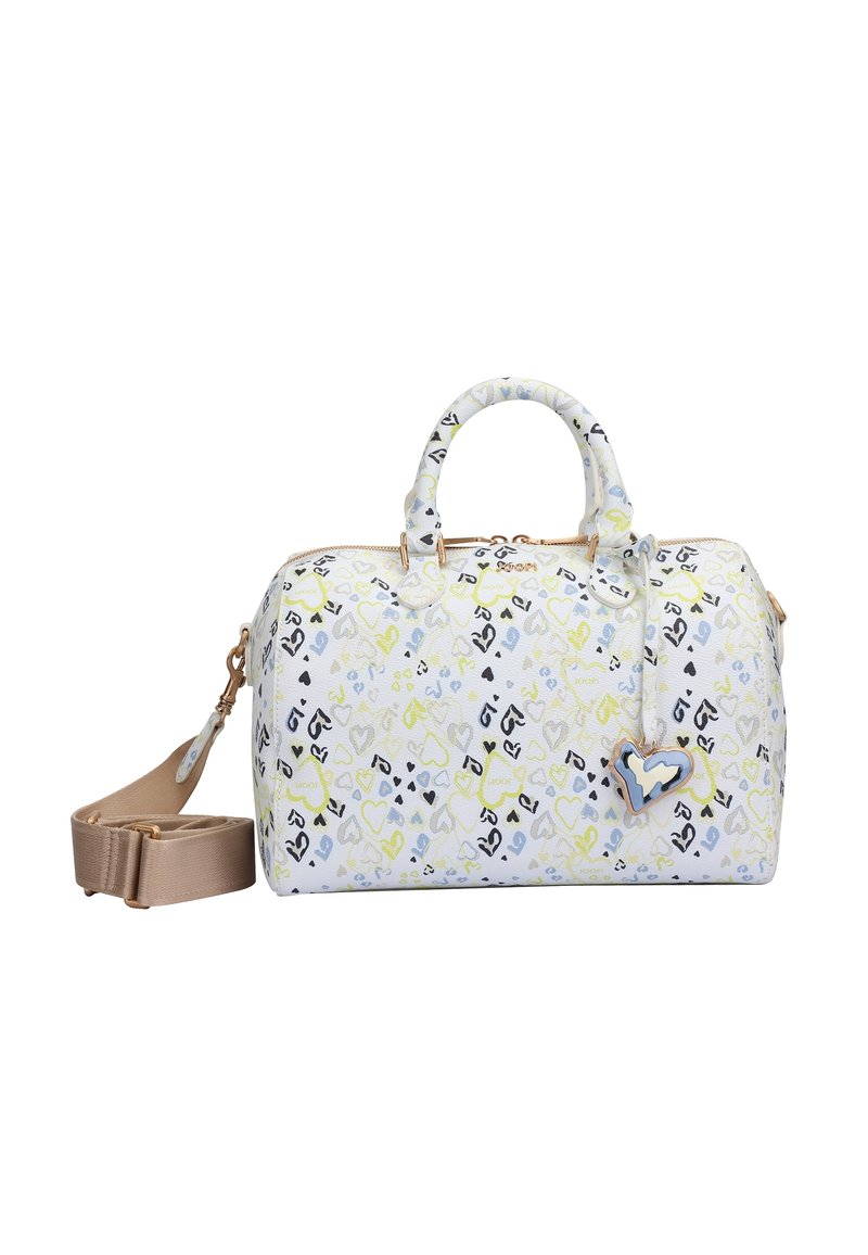 White bag with multicolored heart patterns in blue, yellow, and black. Features gold-tone hardware and a detachable beige shoulder strap.