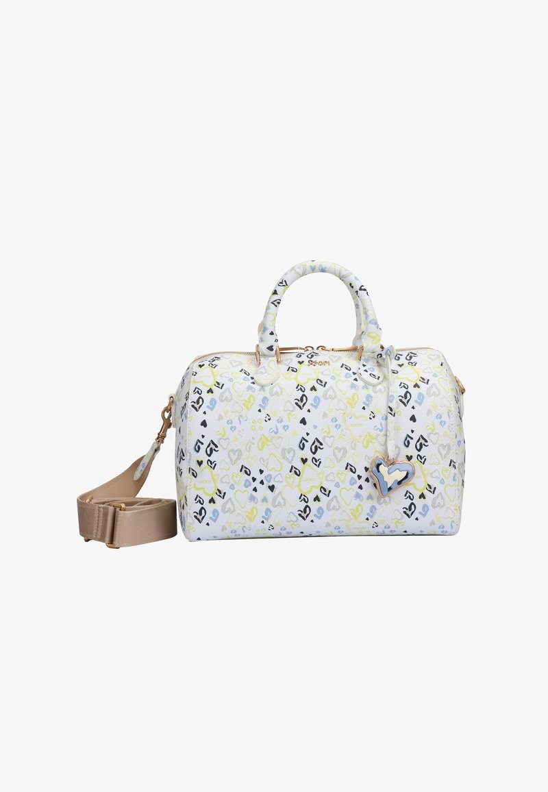 Witte tas met multikleurige hartpatronen in blauw, geel en zwart. Heeft gouden hardware en een afneembare beige schouderband.