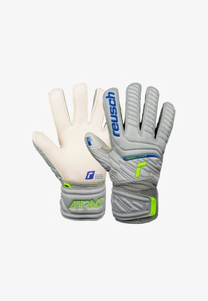 Guanti da portiere grigi con superficie texturizzata, palmo bianco, dettagli verdi e marchio blu. Presentano supporto per le dita e un polsino sicuro.