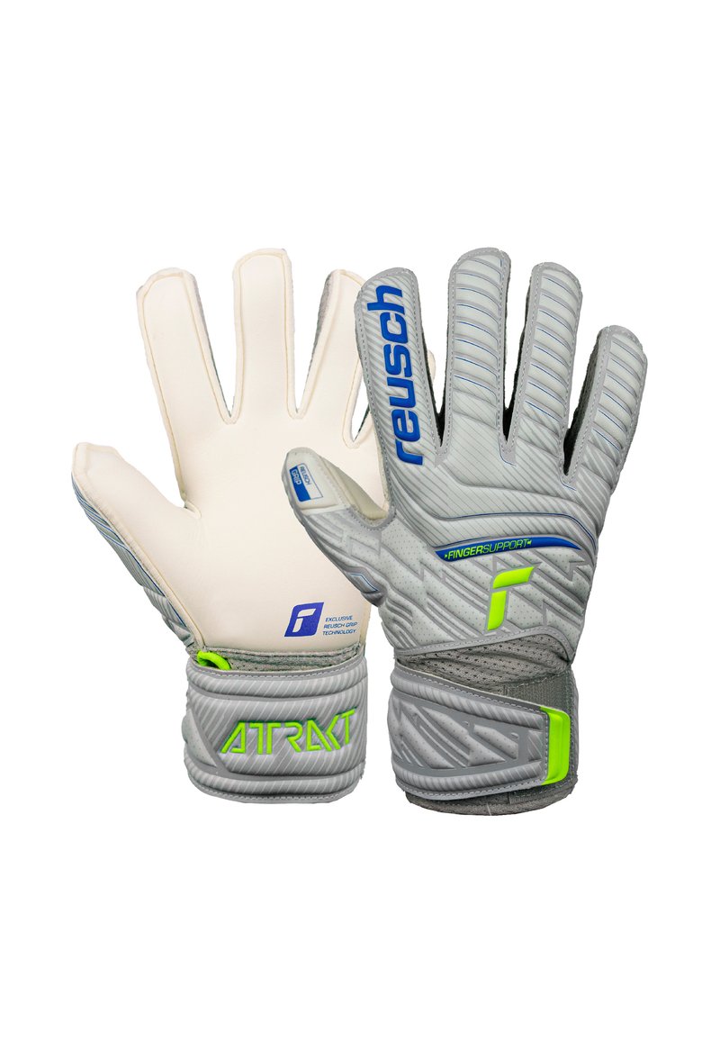 Gants de gardien de but gris avec une surface texturée, paume blanche, accents verts et marquage bleu. Comprend un soutien des doigts et une sangle de poignet sécurisée.