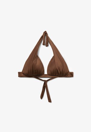 Brun bikiniöverdela med triangulära koppar, halterneck-design och knytning fram, tillverkad av mjukt, elastiskt tyg.