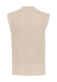 Beige ärmlös stickad väst med strukturerad, öppen väv och ribbad nederkant. Enkelt design med rena linjer och neutral ton.