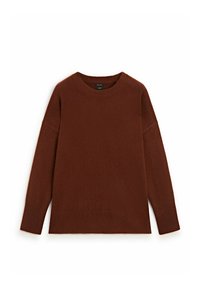 Pull en tricot marron avec un col rond, des épaules tombantes et des manches longues, avec des poignets et un ourlet côtelés. Texture douce, couleur unie.