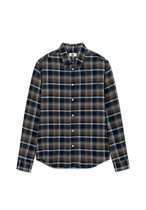 Lange mouw geruite shirt in blauwe, bruine en crème kleuren. Knopsluiting aan de voorzijde, puntige kraag en zijsplitten aan de zoom. Zachte stof textuur.