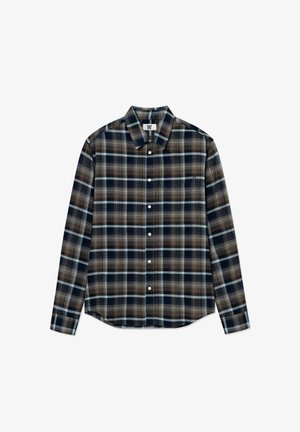 Lange mouw geruite shirt in blauwe, bruine en crème kleuren. Knopsluiting aan de voorzijde, puntige kraag en zijsplitten aan de zoom. Zachte stof textuur.