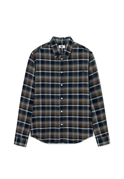 Chemise à manches longues en tartan avec des couleurs bleu, marron et crème. Fermeture à boutons à l'avant, col pointu et fentes sur les côtés du bas. Texture de tissu douce.