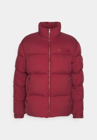 Röd puffjacka med hög krage, frontdragkedja, sidofickor med dragkedja och diskret logotyp på bröstet.