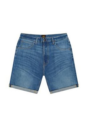 Μπλε τζιν σορτς με κουμπί και φερμουάρ μπροστά, μπροστινές τσέπες, θηλιές για ζώνη και διπλωμένα τελειώματα.