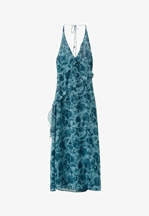 Plava maksi haljina na vezanje oko vrata s cvjetnim uzorkom, volanima i pričvršćivanjem na vezanje straga.