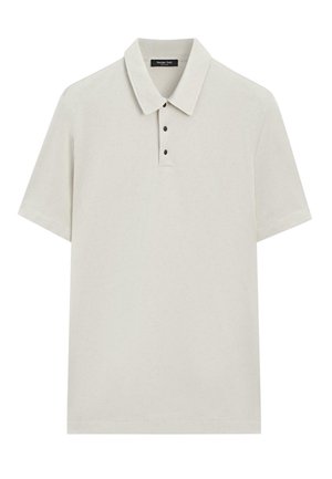 Lichtbeige poloshirt met korte mouwen, een kraag en drie zwarte knopen op de knooplijst, effen ontwerp.