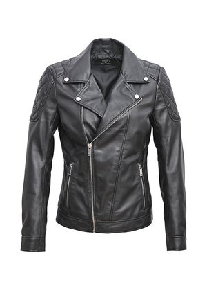 Veste en cuir noir avec un motif matelassé sur les épaules, fermeture éclair asymétrique et poches latérales. Caractéristiques des accents en métal argenté.