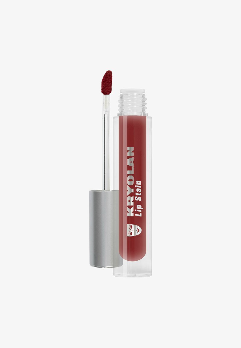 Clear tube of Kryolan lip stain with silver cap and applicator wand showing deep red lip color.