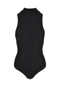 Õlavarreta must ribikoeline bodysuit kõrge kaelusega ja liibuva siluetiga.