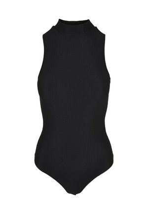 Body negru fără mâneci, cu țesătură ribbed, gât înalt și siluetă ajustată.