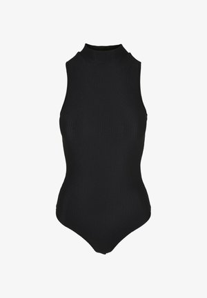 Õlavarreta must ribikoeline bodysuit kõrge kaelusega ja liibuva siluetiga.