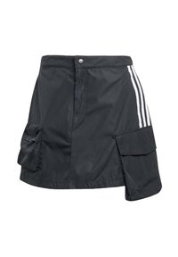 Black nylon sports skirt with a front button closure, two side pockets, and three white vertical stripes along one side. Features a tailored hem.