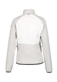 Lichtgrijze jas met een witte achterpaneel met textuurpatronen, hoge kraag en elastische manchetten. Zwarte afwerking aan de onderkant en de randen van de mouwen.