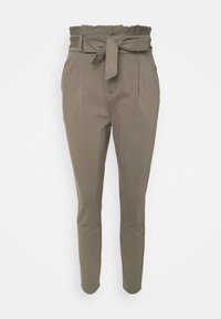 Brown, fitted trousers with a high, ruffled waistband and a matching fabric belt. Features two front pockets and a smooth, textured fabric.