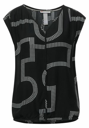 Schwarze Kurzarmbluse mit einem weißen geometrischen Muster und einem V-Ausschnitt, mit lockerer Passform und Raffung am Saum.