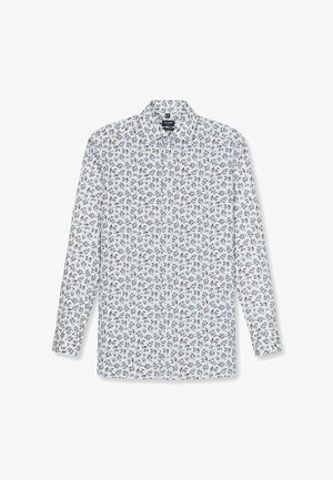 Weißes Langarmhemd mit floralem Muster in Blau, Grün und Braun. Verfügt über einen Kragen und eine knopfbare Vorderseite. Weicher Stoff.