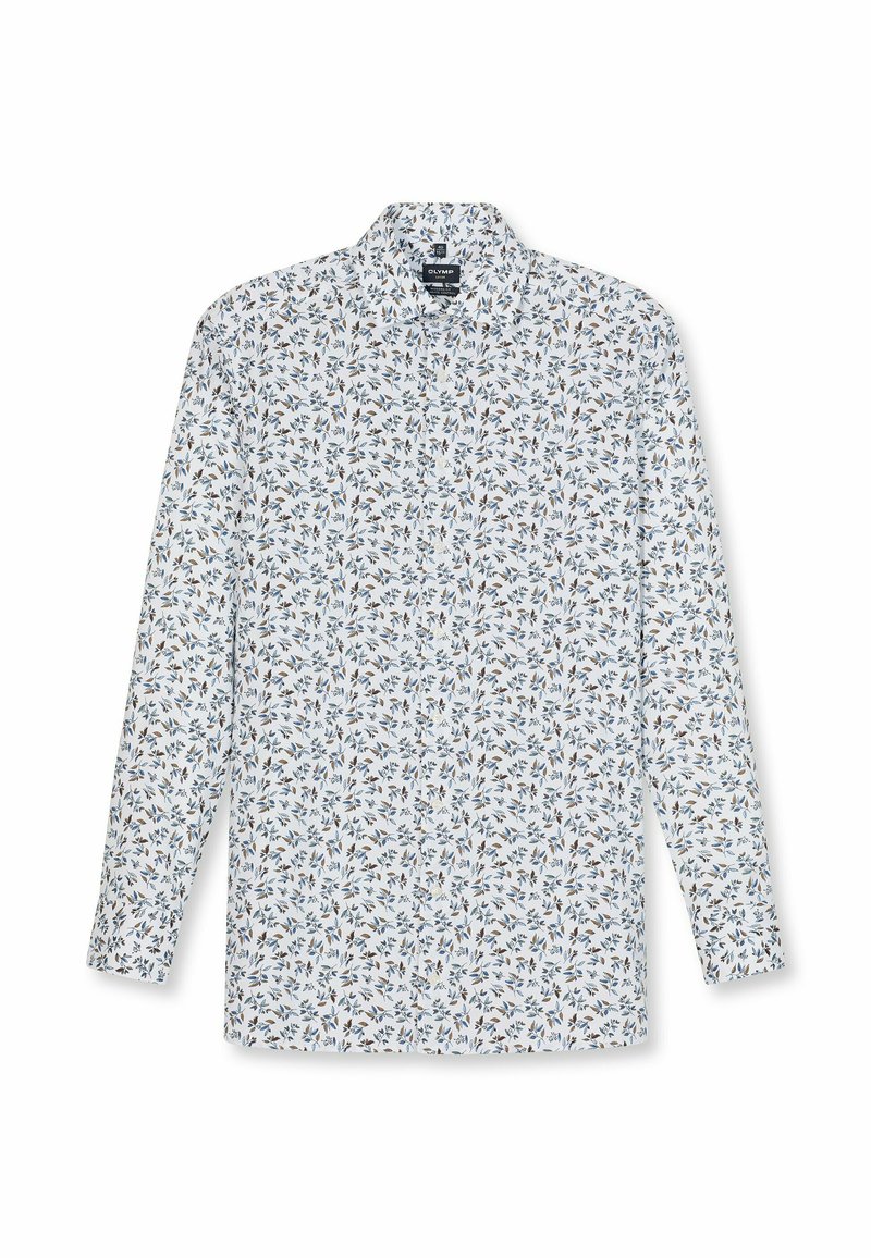 Witte blouse met lange mouwen en een bloemenpatroon in blauw, groen en bruin. Voorzien van een kraag en sluiting met knopen aan de voorkant. Zachte stof.