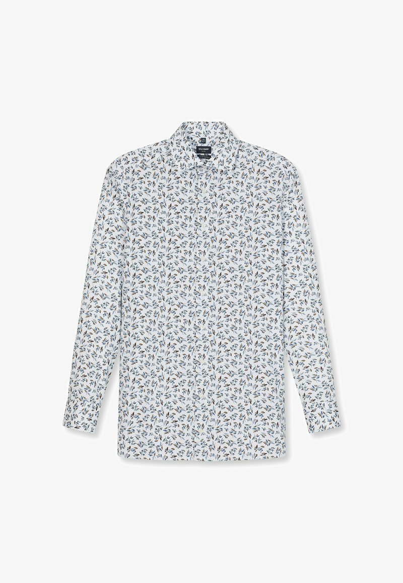 Witte blouse met lange mouwen en een bloemenpatroon in blauw, groen en bruin. Voorzien van een kraag en sluiting met knopen aan de voorkant. Zachte stof.