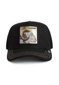 Black cap with a mesh back, featuring a stitched patch of a ram's head and the word "LEGEND" in gold. Suede brim with contrasting stitching.