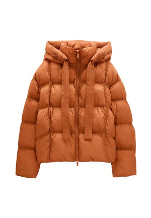 Pikowana kurtka w kolorze rdzy z suwakiem z przodu, długimi rękawami i kapturem z szerokimi ściągaczami.