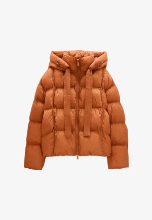 Pikowana kurtka w kolorze rdzy z suwakiem z przodu, długimi rękawami i kapturem z szerokimi ściągaczami.