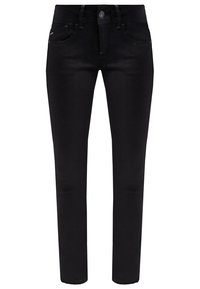 Jeans skinny de mezclilla negra con una textura suave, diseño de cinco bolsillos, presillas para cinturón y cierre de botón en la parte delantera. Duraderos y ajustados al cuerpo.