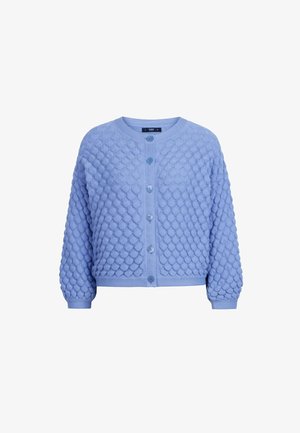 Hellblauer gestrickter Cardigan mit strukturiertem Blasenmuster, rundem Ausschnitt, langen Ärmeln, gerafften Bündchen und vorderer Knopfverschluss.