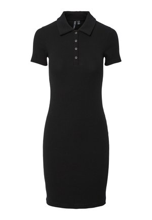Μαύρο ριπ φόρεμα πόλο με στενή εφαρμογή, κοντά μανίκια και γιακά με τρία κουμπιά στη λαιμόκοψη. Ομαλή υφή σε όλο το ύφασμα.