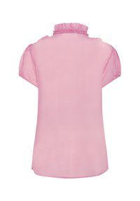 Rozā šifona blūze ar viļņotu apkakli, īsām puff piedurknēm un brīvu piegriezumu. Gluda tekstūra ar vieglu un gaisīgu izskatu.