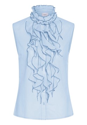 Sleeveless light blue blouse with high ruffled collar and cascading front ruffles edged in darker blue stitching.