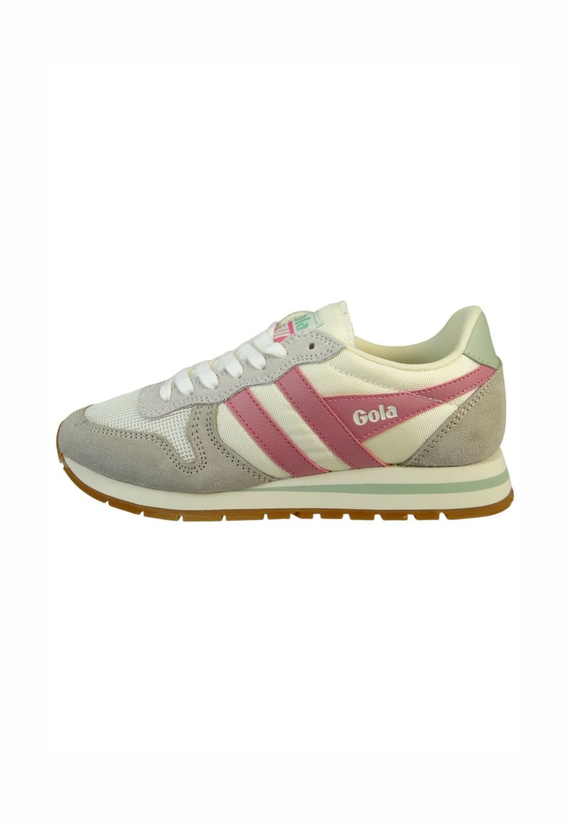 Jasnoszare sneakersy z zamszu i siateczki z różowymi akcentami oraz logo Gola, z białymi sznurówkami i gumową podeszwą. Klasyczny retro design.