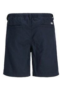 Pantaloni da bagno blu scuro realizzati in tessuto leggero, con cintura elastica, due tasche posteriori e design minimalista senza fantasie.