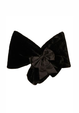 Black faux fur collar with a large satin bow in the center. The texture is plush, and the shape resembles a butterfly with wide tips.