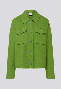 Grüne Jacke aus strukturiertem Stoff mit einem spitzen Kragen, zwei Brusttaschen und sechs Knöpfen für einen sicheren Sitz.